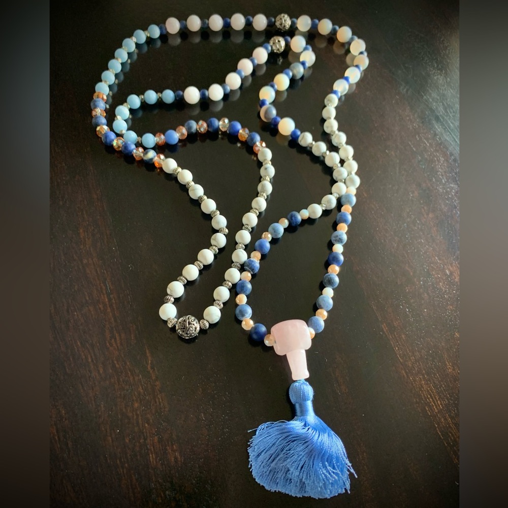 Mala Prayer Bead Necklace 29" with blue silk tassel and rose quartz guru bead